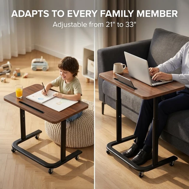 Alt view image 3 of 6 - Height Adjustable TV Tray Table with Wheels for Couch or Sofa | Rolling TV dinner tray for eating on couch,bed,or recliner;height adjustable laptop desk for meals,snacks,and work Brown
