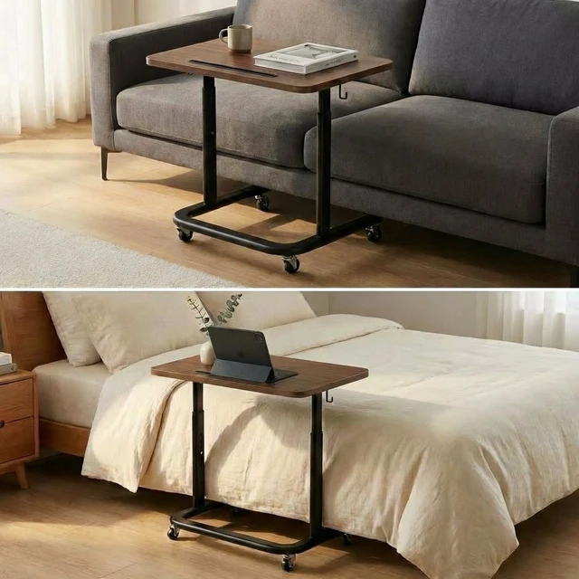 Alt view image 4 of 6 - Height Adjustable TV Tray Table with Wheels for Couch or Sofa | Rolling TV dinner tray for eating on couch,bed,or recliner;height adjustable laptop desk for meals,snacks,and work Brown