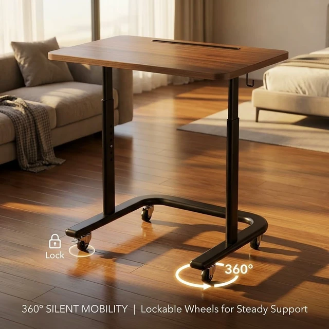 Alt view image 5 of 6 - Height Adjustable TV Tray Table with Wheels for Couch or Sofa | Rolling TV dinner tray for eating on couch,bed,or recliner;height adjustable laptop desk for meals,snacks,and work Brown