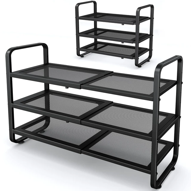 Main image of Expandable Metal Shoe Rack for Closet, Entryway & Garage, 3-Tier, Black | Adjustable Height for Boots, Stackable Design, Dense Mesh Shelves for Heels, Fits Small Spaces, Apartments and Rentals
