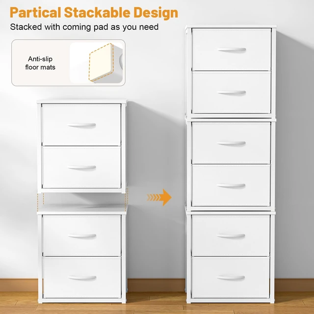 Alt view image 2 of 7 - 2-Pack Stackable Storage Drawers (4 Drawers Total), White Closet Organizer with Wooden Top & Metal Frame, Freestanding or Stackable Dresser for Bedroom, Living Room, Under Bed