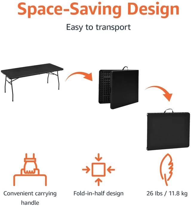 Alt view image 2 of 4 - Heavy Duty Portable Folding Table, 6 ft, Indoor & Outdoor, Fold-in-Half Design with Carrying Handle, for Events, Easy Folding and Storage, Black