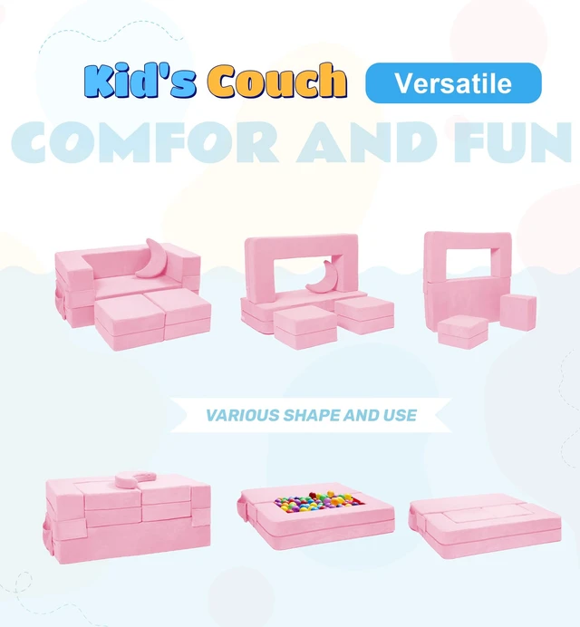 Alt view image 3 of 7 - Modular Kids Sofa,Toddler Couch Foam Armchair for Kids, Children Convertible Plush Sofa Play Set,Fold Out SofaBed(Pink)