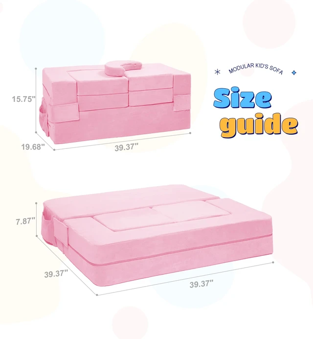 Alt view image 2 of 7 - Modular Kids Sofa,Toddler Couch Foam Armchair for Kids, Children Convertible Plush Sofa Play Set,Fold Out SofaBed(Pink)