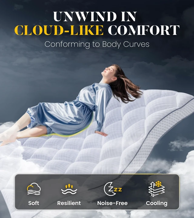 Alt view image 3 of 6 - 3 Inch Ultra-Fluffy Memory Foam Mattress Topper Queen for Back Pain, Soft Comfy Pillow Top Queen Mattress Topper with 4X Support, Mattress Pad with Breathable Air Mesh Sides, 6-21'' Deep Pocket