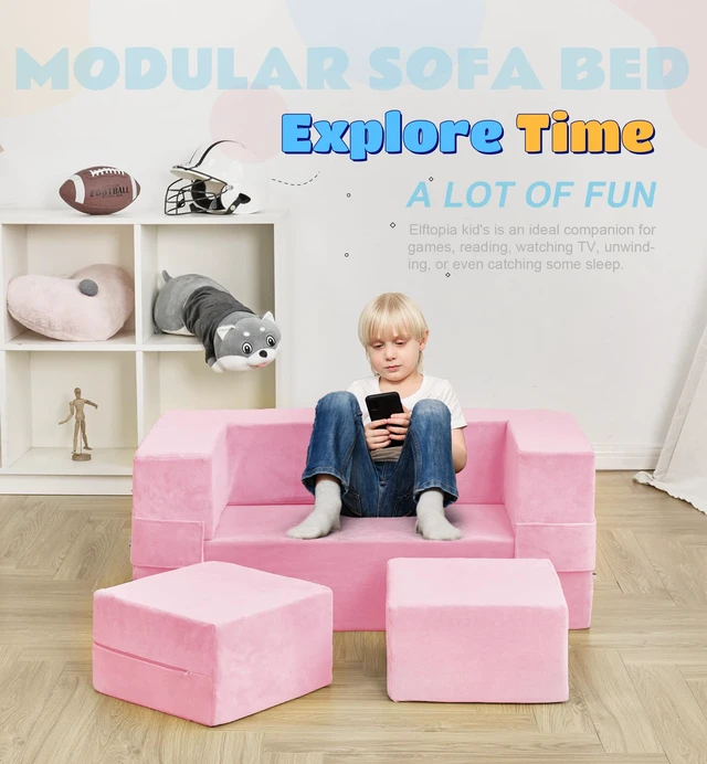 Alt view image 4 of 7 - Modular Kids Sofa,Toddler Couch Foam Armchair for Kids, Children Convertible Plush Sofa Play Set,Fold Out SofaBed(Pink)