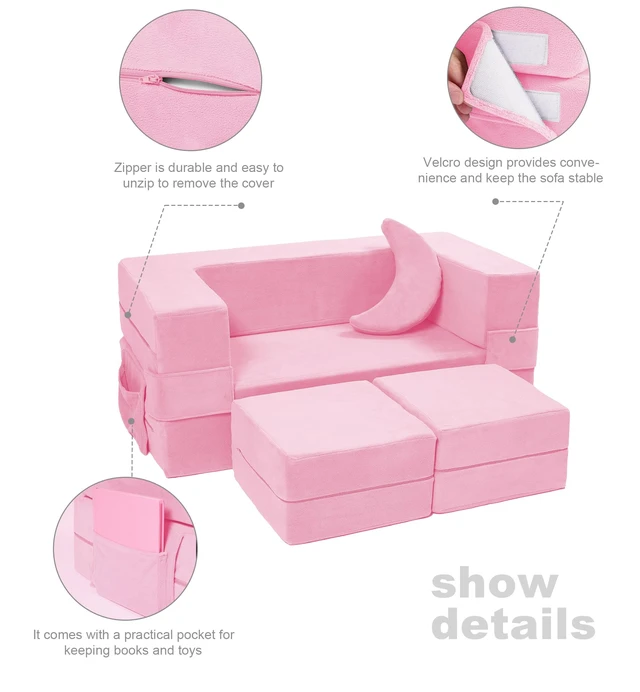 Alt view image 6 of 7 - Modular Kids Sofa,Toddler Couch Foam Armchair for Kids, Children Convertible Plush Sofa Play Set,Fold Out SofaBed(Pink)