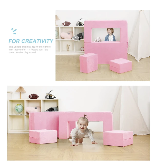 Alt view image 5 of 7 - Modular Kids Sofa,Toddler Couch Foam Armchair for Kids, Children Convertible Plush Sofa Play Set,Fold Out SofaBed(Pink)