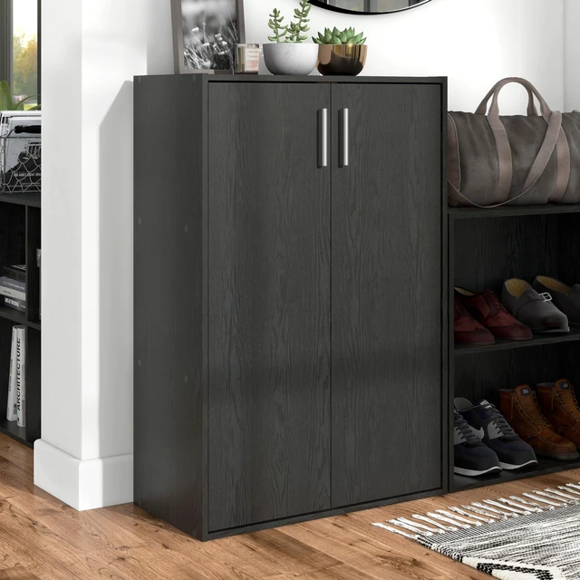 Alt view image 3 of 7 - Apexa 3-Tier Stackable Wood Bookcase with Doors, Cube Storage Organizer Shelves, Small Food Pantry Cabinet, Dorm Teen Room Decor & Bedroom, Home Office, Kitchen, Black