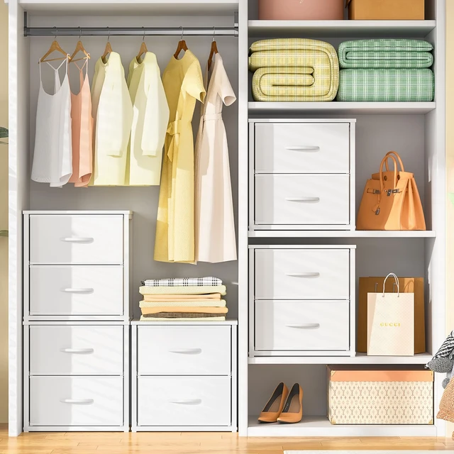 Alt view image 4 of 7 - 2-Pack Stackable Storage Drawers (4 Drawers Total), White Closet Organizer with Wooden Top & Metal Frame, Freestanding or Stackable Dresser for Bedroom, Living Room, Under Bed