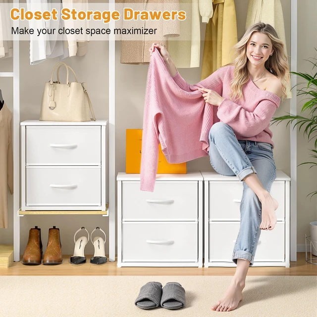Alt view image 3 of 7 - 2-Pack Stackable Storage Drawers (4 Drawers Total), White Closet Organizer with Wooden Top & Metal Frame, Freestanding or Stackable Dresser for Bedroom, Living Room, Under Bed