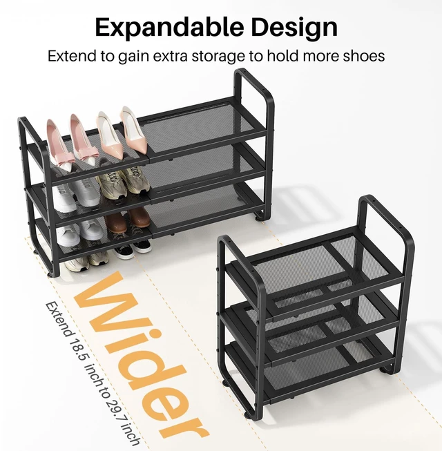 Alt view image 4 of 7 - Expandable Metal Shoe Rack for Closet, Entryway & Garage, 3-Tier, Black | Adjustable Height for Boots, Stackable Design, Dense Mesh Shelves for Heels, Fits Small Spaces, Apartments and Rentals