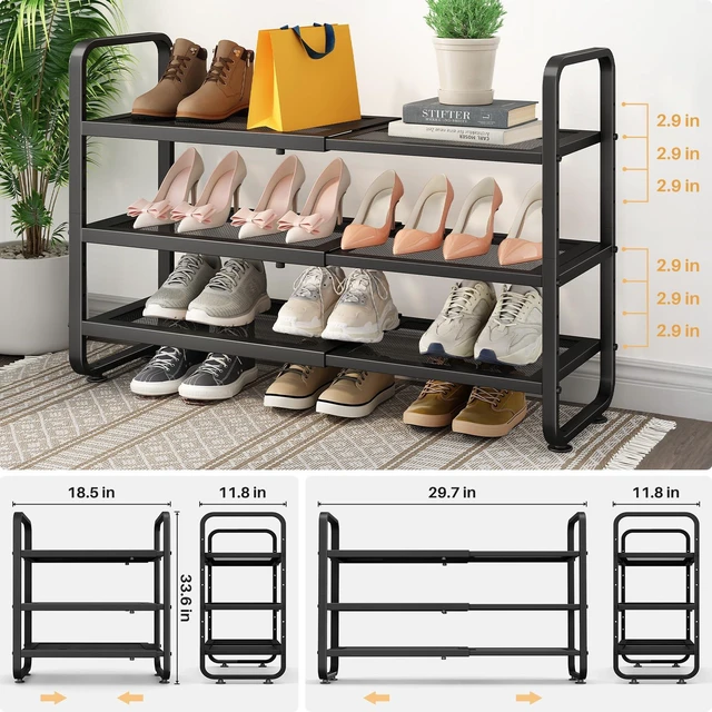 Alt view image 3 of 7 - Expandable Metal Shoe Rack for Closet, Entryway & Garage, 3-Tier, Black | Adjustable Height for Boots, Stackable Design, Dense Mesh Shelves for Heels, Fits Small Spaces, Apartments and Rentals