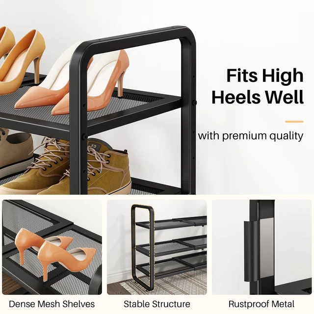 Alt view image 5 of 7 - Expandable Metal Shoe Rack for Closet, Entryway & Garage, 3-Tier, Black | Adjustable Height for Boots, Stackable Design, Dense Mesh Shelves for Heels, Fits Small Spaces, Apartments and Rentals
