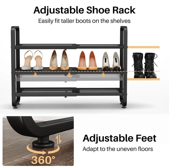 Alt view image 7 of 7 - Expandable Metal Shoe Rack for Closet, Entryway & Garage, 3-Tier, Black | Adjustable Height for Boots, Stackable Design, Dense Mesh Shelves for Heels, Fits Small Spaces, Apartments and Rentals