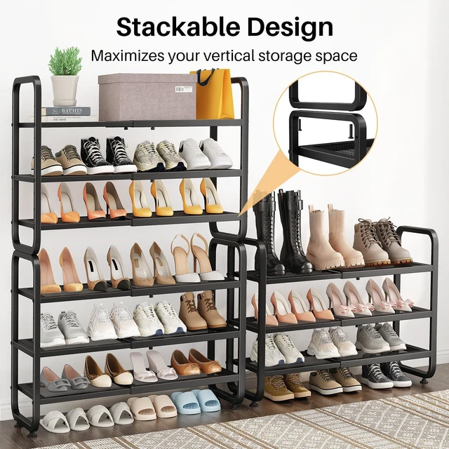 Alt view image 6 of 7 - Expandable Metal Shoe Rack for Closet, Entryway & Garage, 3-Tier, Black | Adjustable Height for Boots, Stackable Design, Dense Mesh Shelves for Heels, Fits Small Spaces, Apartments and Rentals