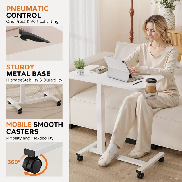 Alt view image 6 of 7 - Small Standing Desk with Wheels, Pneumatic Mobile Rolling Laptop Desk, Adjustable Height Overbed Bedside Table Computer Workstation for Home Office (28" W x 16" D, White)