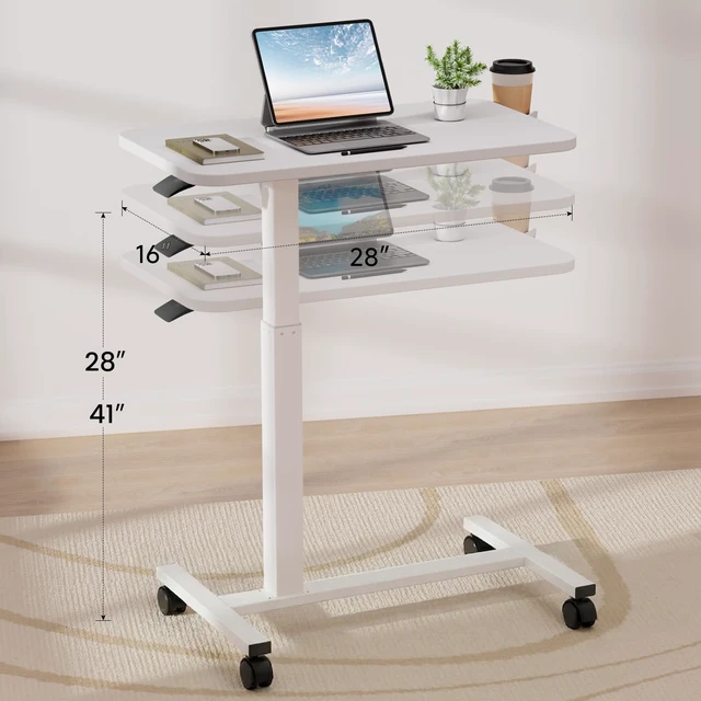Alt view image 2 of 7 - Small Standing Desk with Wheels, Pneumatic Mobile Rolling Laptop Desk, Adjustable Height Overbed Bedside Table Computer Workstation for Home Office (28" W x 16" D, White)