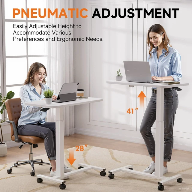 Alt view image 3 of 7 - Small Standing Desk with Wheels, Pneumatic Mobile Rolling Laptop Desk, Adjustable Height Overbed Bedside Table Computer Workstation for Home Office (28" W x 16" D, White)