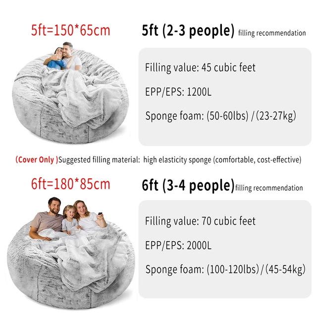 Alt view image 4 of 7 - Bean Bag Chair Cover, Big Round Lazy Sofa Bed Cover for Adults (No Filler) | Soft fluffy PV velvet cover feels cozy and is machine washable. Perfect for living room, bedroom, or balcony. 6ft snow grey