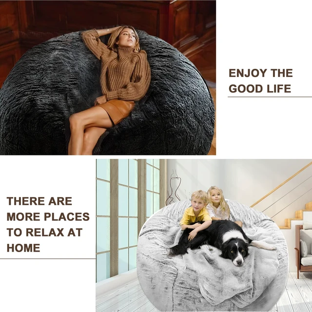 Alt view image 7 of 7 - Bean Bag Chair Cover, Big Round Lazy Sofa Bed Cover for Adults (No Filler) | Soft fluffy PV velvet cover feels cozy and is machine washable. Perfect for living room, bedroom, or balcony. 6ft snow grey