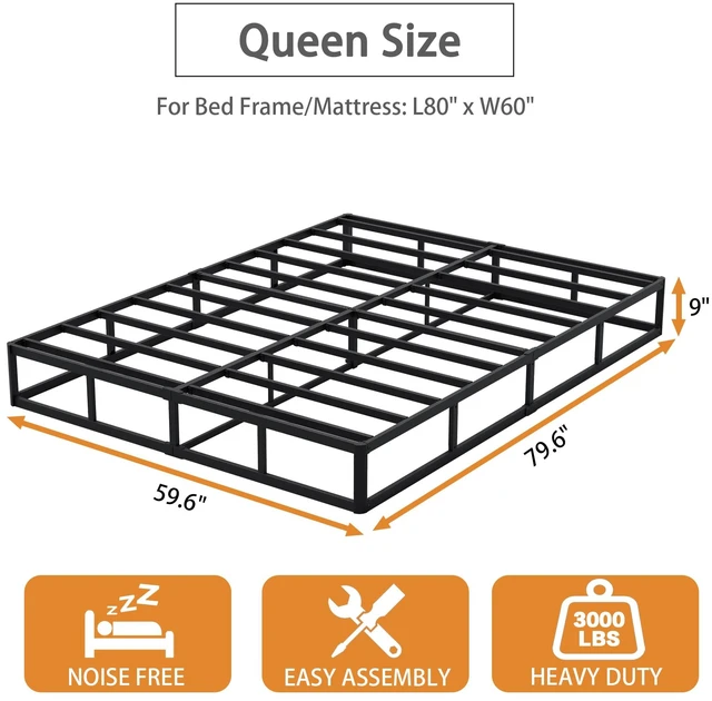 Alt view image 2 of 7 - Queen Size Box Spring Bed Base 9 Inch, 3000lbs Heavy Duty Box Spring Queen Metal Mattress Foundation, Tool-Free Easy Assembly, Noise Free