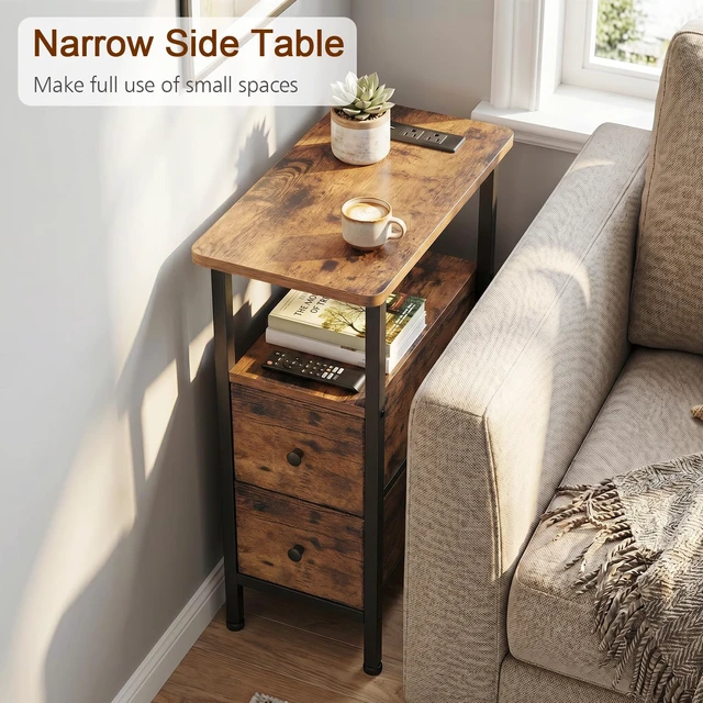 Alt view image 2 of 7 - Narrow End Table with Charging Station, Side Tables Living Room | End Tables Living Room Set of 2, Skinny Nightstand with Fabric Drawers for Bedroom, Small Spaces, Rustic Brown