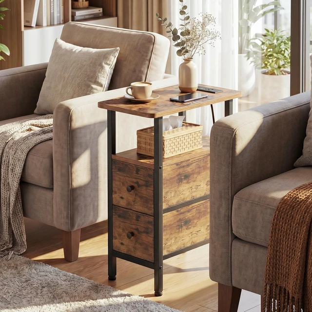Alt view image 3 of 7 - Narrow End Table with Charging Station, Side Tables Living Room | End Tables Living Room Set of 2, Skinny Nightstand with Fabric Drawers for Bedroom, Small Spaces, Rustic Brown