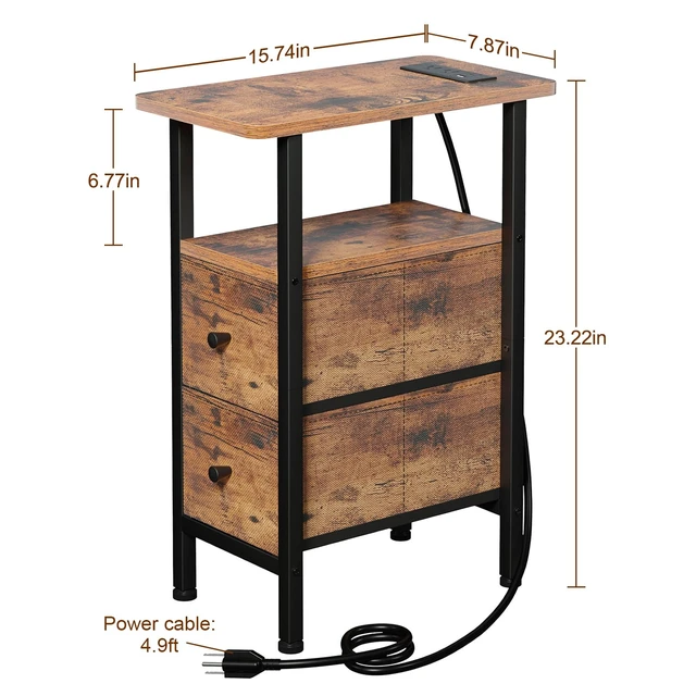 Alt view image 4 of 7 - Narrow End Table with Charging Station, Side Tables Living Room | End Tables Living Room Set of 2, Skinny Nightstand with Fabric Drawers for Bedroom, Small Spaces, Rustic Brown