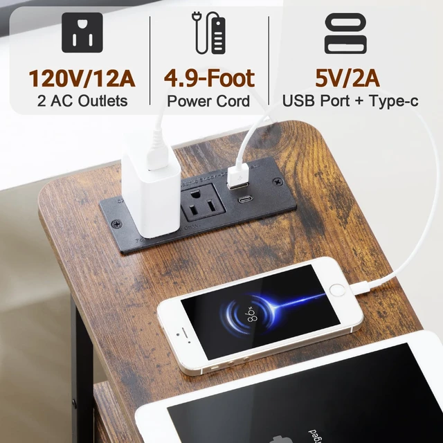 Alt view image 5 of 7 - Narrow End Table with Charging Station, Side Tables Living Room | End Tables Living Room Set of 2, Skinny Nightstand with Fabric Drawers for Bedroom, Small Spaces, Rustic Brown