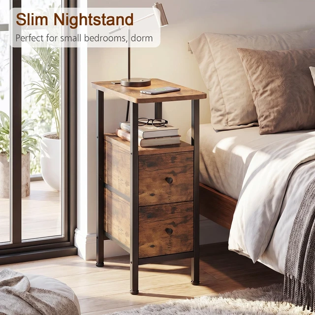 Alt view image 6 of 7 - Narrow End Table with Charging Station, Side Tables Living Room | End Tables Living Room Set of 2, Skinny Nightstand with Fabric Drawers for Bedroom, Small Spaces, Rustic Brown