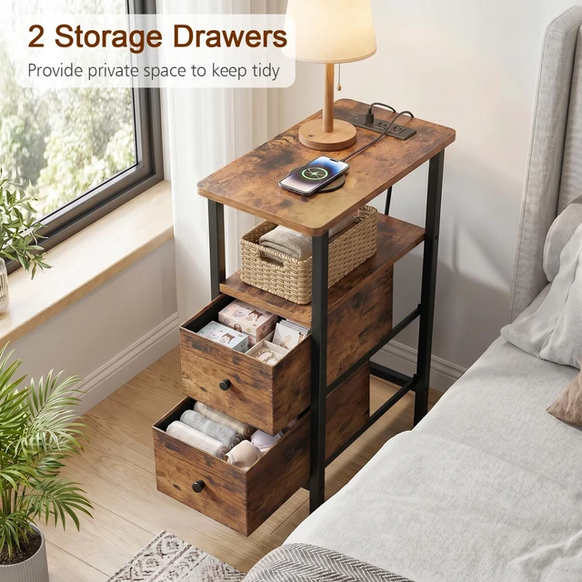 Alt view image 7 of 7 - Narrow End Table with Charging Station, Side Tables Living Room | End Tables Living Room Set of 2, Skinny Nightstand with Fabric Drawers for Bedroom, Small Spaces, Rustic Brown