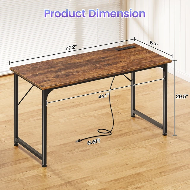 Alt view image 7 of 7 - 47 X 20 Inch Computer Desk, Power Outlets, USB-C, Rustic Brown | Office Desk with 4 AC Outlets, USB & USB-C, Sturdy Metal Frame, Spacious Desktop for Work, Writing, Study & Gaming