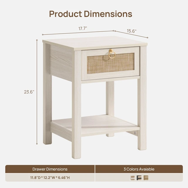 Alt view image 2 of 7 - White Rattan Nightstand with Storage Shelf, Boho Bedside Table | Night Stand with Rattan Drawer, Boho End Table with Storage for Bedroom, Apartment, Guest Room, Small Spaces, and Dorm Rooms