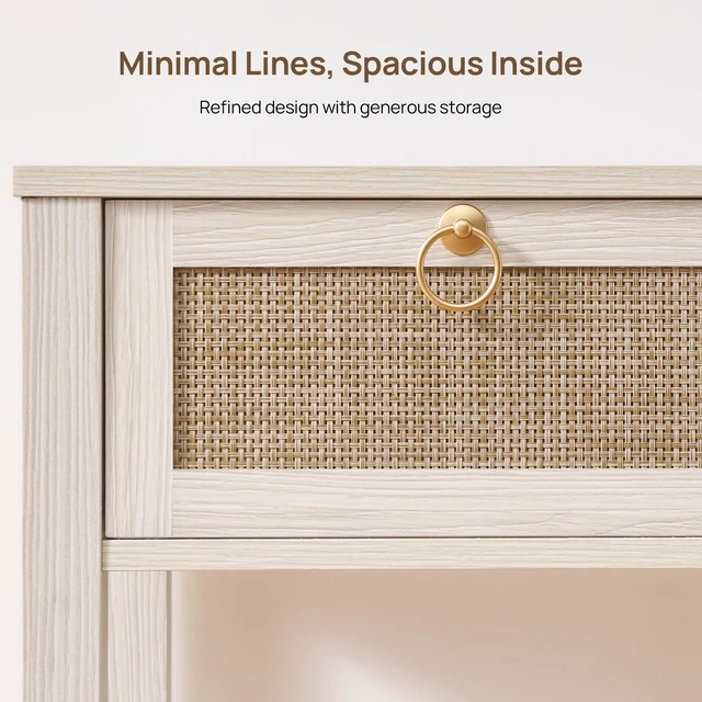 Alt view image 4 of 7 - White Rattan Nightstand with Storage Shelf, Boho Bedside Table | Night Stand with Rattan Drawer, Boho End Table with Storage for Bedroom, Apartment, Guest Room, Small Spaces, and Dorm Rooms