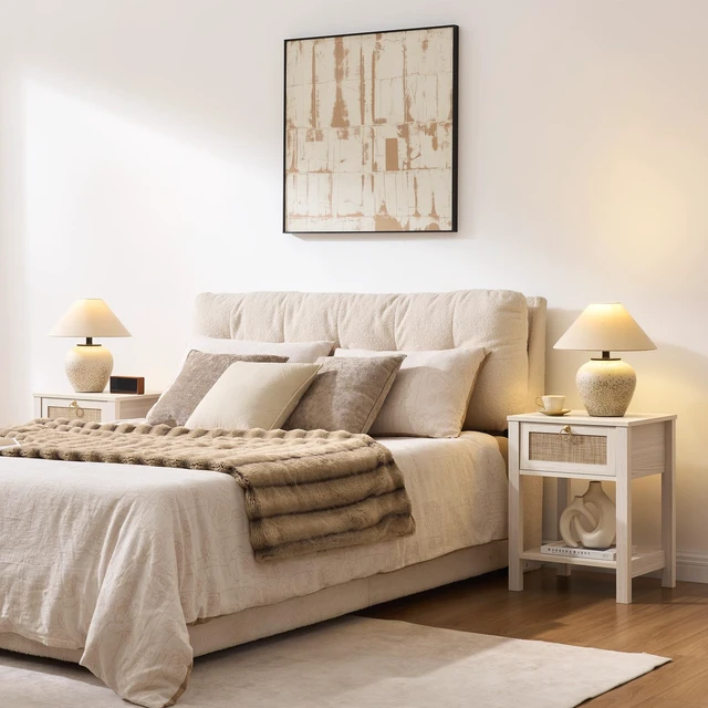 Alt view image 5 of 7 - White Rattan Nightstand with Storage Shelf, Boho Bedside Table | Night Stand with Rattan Drawer, Boho End Table with Storage for Bedroom, Apartment, Guest Room, Small Spaces, and Dorm Rooms