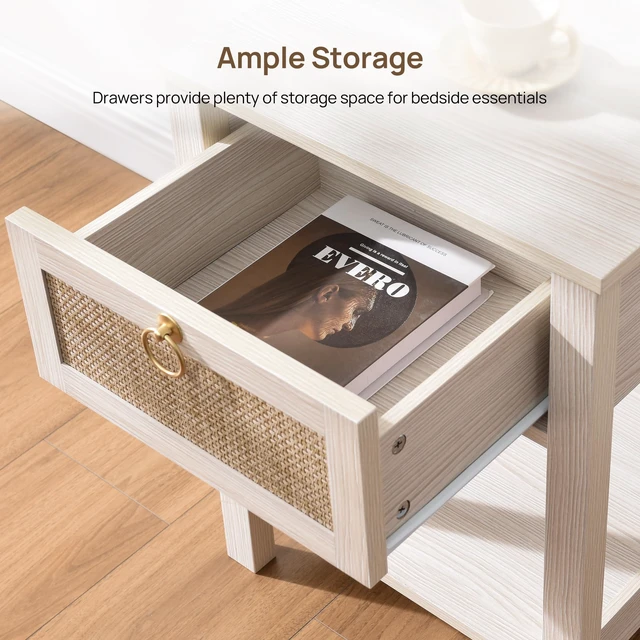 Alt view image 6 of 7 - White Rattan Nightstand with Storage Shelf, Boho Bedside Table | Night Stand with Rattan Drawer, Boho End Table with Storage for Bedroom, Apartment, Guest Room, Small Spaces, and Dorm Rooms