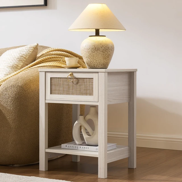Alt view image 7 of 7 - White Rattan Nightstand with Storage Shelf, Boho Bedside Table | Night Stand with Rattan Drawer, Boho End Table with Storage for Bedroom, Apartment, Guest Room, Small Spaces, and Dorm Rooms