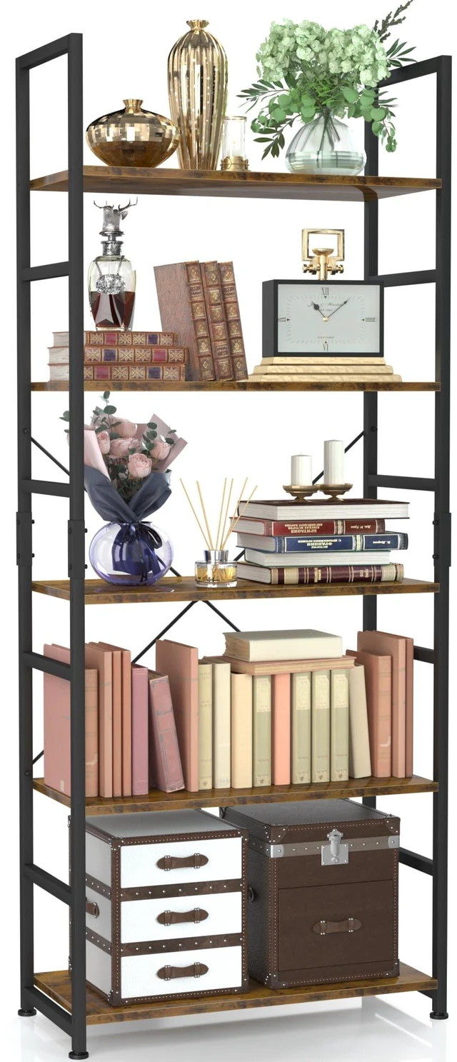 Main image of 5 Tier Bookshelf, Tall Freestanding Open Storage Bookcase, Vintage | Storage Organizer with Metal Frame & Wood Shelves, Support Bars & Adjustable Feet for Bedroom, Living Room & Home Office