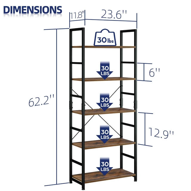 Alt view image 2 of 7 - 5 Tier Bookshelf, Tall Freestanding Open Storage Bookcase, Vintage | Storage Organizer with Metal Frame & Wood Shelves, Support Bars & Adjustable Feet for Bedroom, Living Room & Home Office