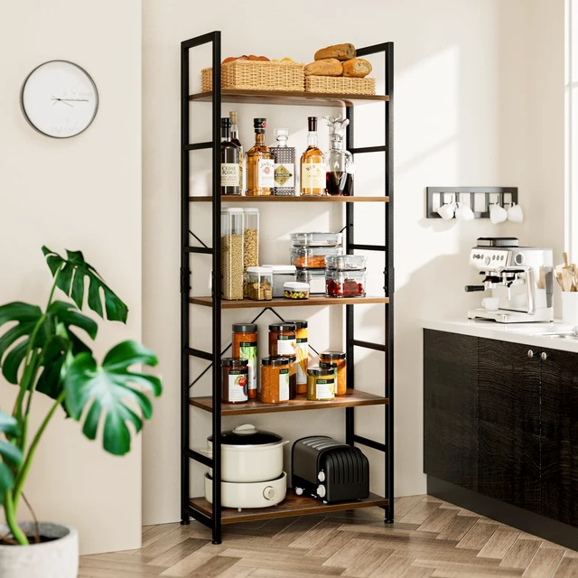 Alt view image 3 of 7 - 5 Tier Bookshelf, Tall Freestanding Open Storage Bookcase, Vintage | Storage Organizer with Metal Frame & Wood Shelves, Support Bars & Adjustable Feet for Bedroom, Living Room & Home Office