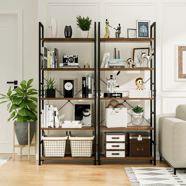 Alt view image 4 of 7 - 5 Tier Bookshelf, Tall Freestanding Open Storage Bookcase, Vintage | Storage Organizer with Metal Frame & Wood Shelves, Support Bars & Adjustable Feet for Bedroom, Living Room & Home Office