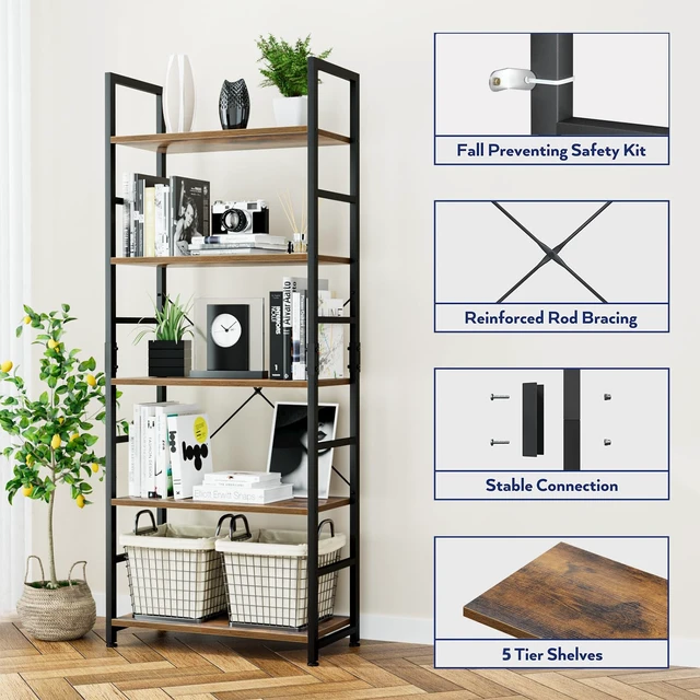 Alt view image 5 of 7 - 5 Tier Bookshelf, Tall Freestanding Open Storage Bookcase, Vintage | Storage Organizer with Metal Frame & Wood Shelves, Support Bars & Adjustable Feet for Bedroom, Living Room & Home Office