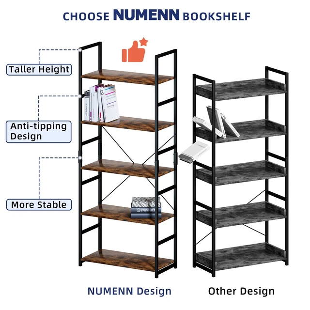 Alt view image 7 of 7 - 5 Tier Bookshelf, Tall Freestanding Open Storage Bookcase, Vintage | Storage Organizer with Metal Frame & Wood Shelves, Support Bars & Adjustable Feet for Bedroom, Living Room & Home Office