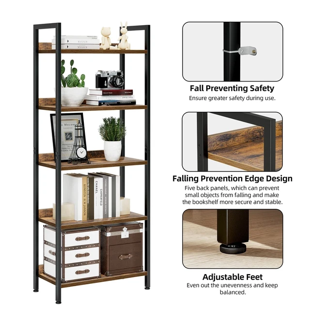 Alt view image 6 of 7 - Bookshelf, 5 Tier Freestanding Shelving Unit, Vintage | Metal Frame & Wood Shelves, Falling Prevention Baffle, Open Storage Bookcase for Bedroom, Living Room & Home Office