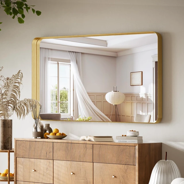 Alt view image 2 of 7 - Bathroom Mirror 30"x48", Gold Gorgeous Deep Frame Wall Mirror | Modern Round Corners Bathroom Vanity Mirror over Sink, Hanging or Leaning Horizontally or Vertically for Bedroom, Living Room