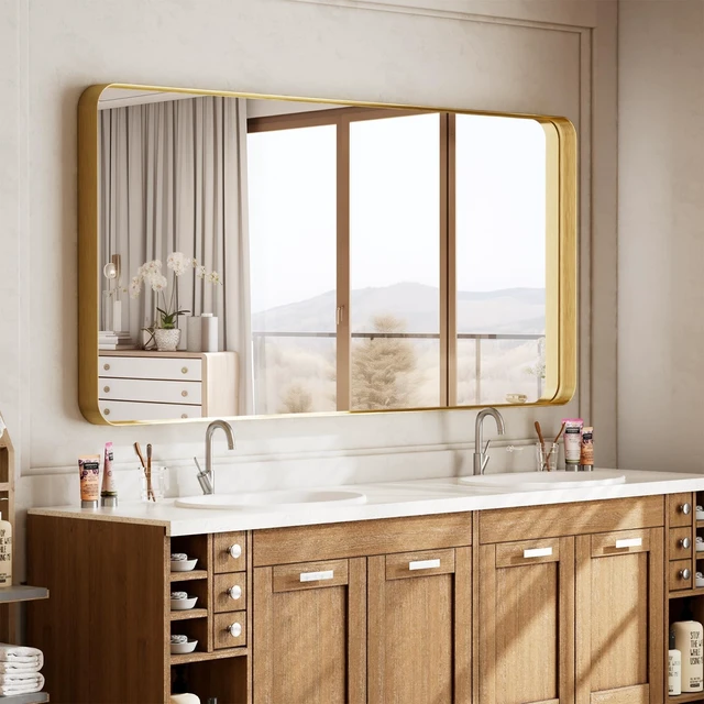 Alt view image 5 of 7 - Bathroom Mirror 30"x48", Gold Gorgeous Deep Frame Wall Mirror | Modern Round Corners Bathroom Vanity Mirror over Sink, Hanging or Leaning Horizontally or Vertically for Bedroom, Living Room