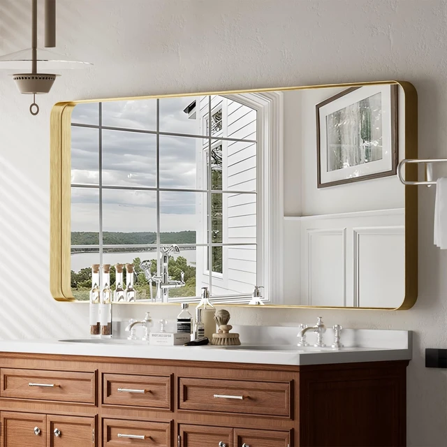 Alt view image 6 of 7 - Bathroom Mirror 30"x48", Gold Gorgeous Deep Frame Wall Mirror | Modern Round Corners Bathroom Vanity Mirror over Sink, Hanging or Leaning Horizontally or Vertically for Bedroom, Living Room