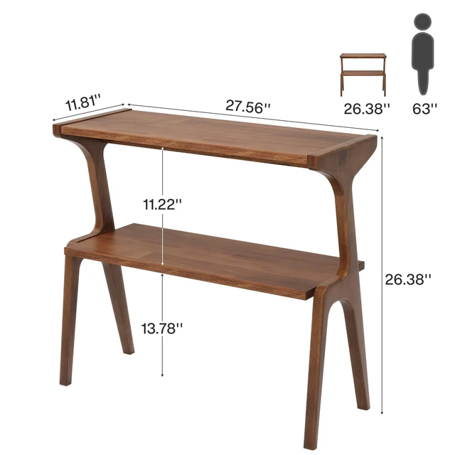 Alt view image 2 of 7 - Solid Wood End Table, 2-Tier Farmhouse Side Table with Storage Shelves, Slim Side Table for Couch with Unique Legs, Long Bedside Table for Bedroom, Living Room, Rustic Brown