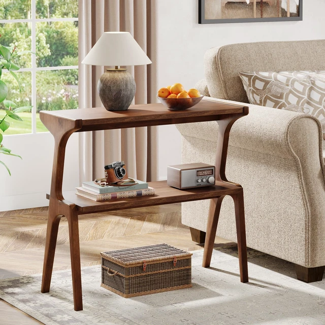 Alt view image 3 of 7 - Solid Wood End Table, 2-Tier Farmhouse Side Table with Storage Shelves, Slim Side Table for Couch with Unique Legs, Long Bedside Table for Bedroom, Living Room, Rustic Brown